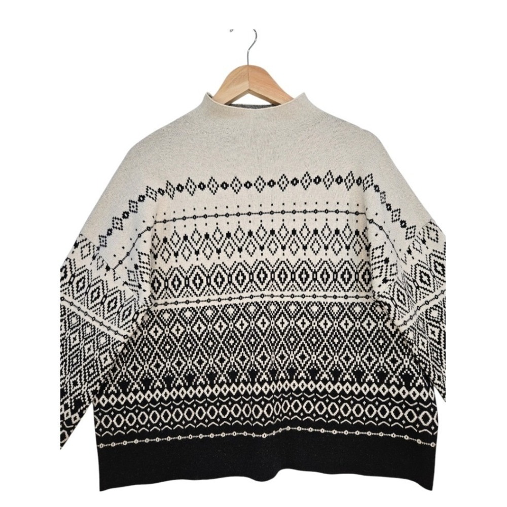 Joie Womens Black White Fair Isle Mock Neck Sweater XL Geometric Boho Pullover - Picture 4 of 8